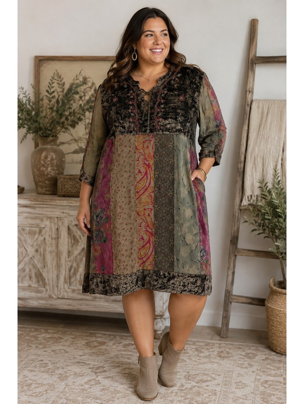 YOUNG THREADS Gravel Patchwork Velvet Boho Dress NWT 2X